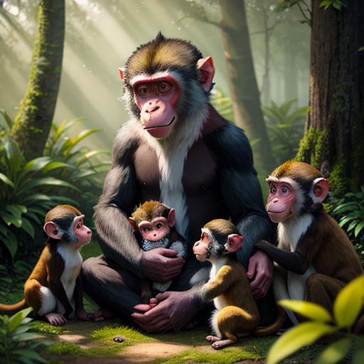 a group of monkeys sitting on top of a lush green forest next to a forest floor covered in trees