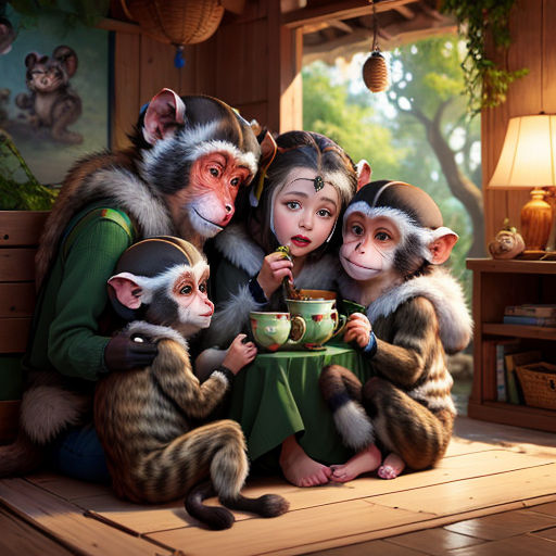 a group of monkeys sitting around a table eating food and drinking tea together, with a woman holding a cup