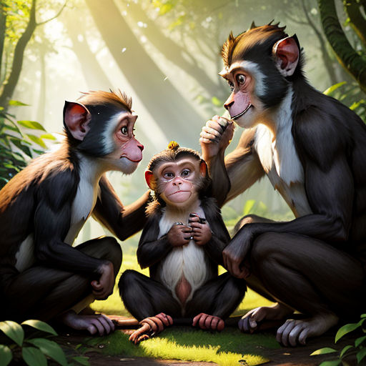 three monkeys sitting on the ground in the forest with one holding a baby monkey and the other holding a baby monkey