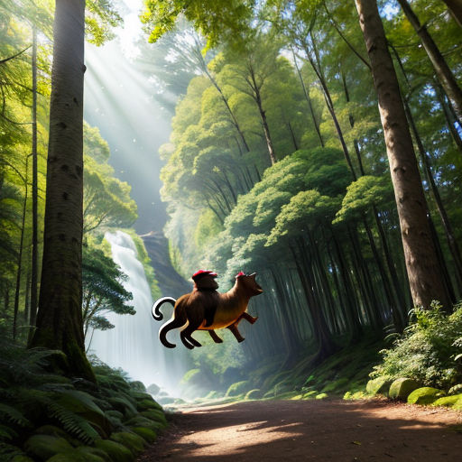 a cat and dog are flying in the air in the woods near a waterfall and a forest trail with a waterfall