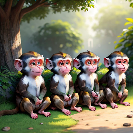a group of monkeys sitting on top of a lush green field next to a tree and a forest floor