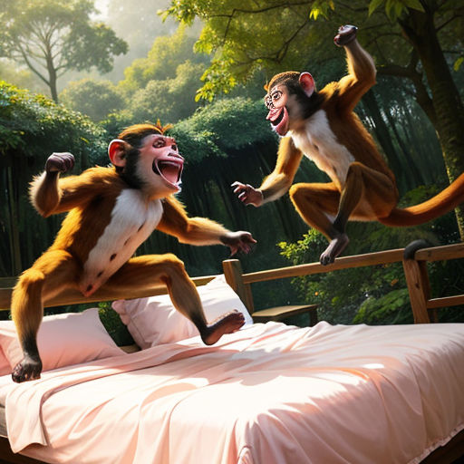 two monkeys jumping on a bed in a forest setting with a forest background and a forest scene behind them