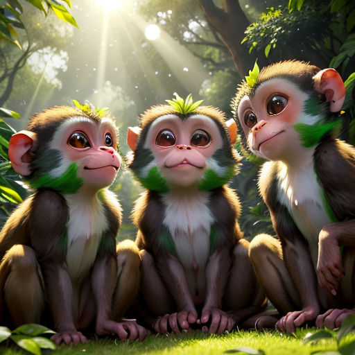 three monkeys sitting on the ground in the jungle with sun shining through the trees behind them and grass on the ground