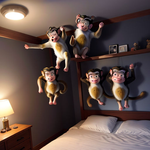 three monkeys hanging from a wall above a bed with a lamp on it and a lamp on the side of the bed