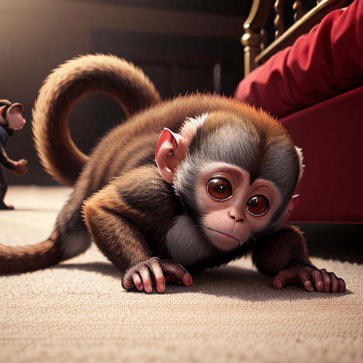 a monkey and a monkey toy are on the floor next to a bed and a couch in a room