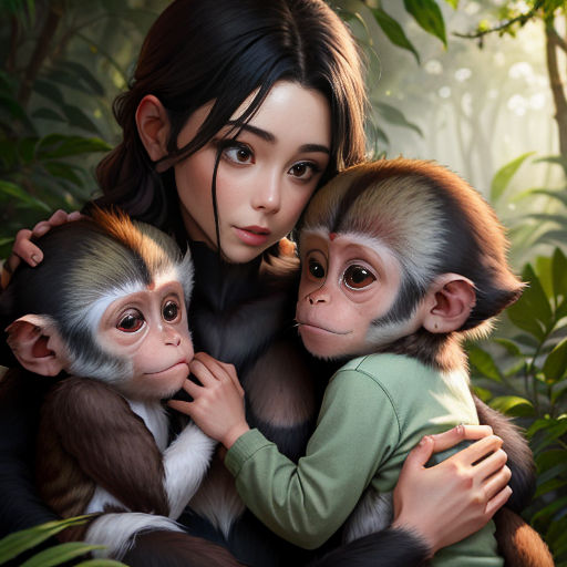 a woman holding two monkeys in a jungle setting with trees and foliage in the background, and a painting of a woman holding two monkeys