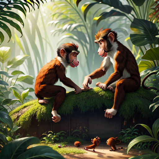 two monkeys sitting on a rock in a jungle with a baby monkey in the foreground and another monkey in the background
