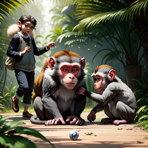 a monkey and two monkeys playing with a ball in a jungle setting with a boy and girl in the background
