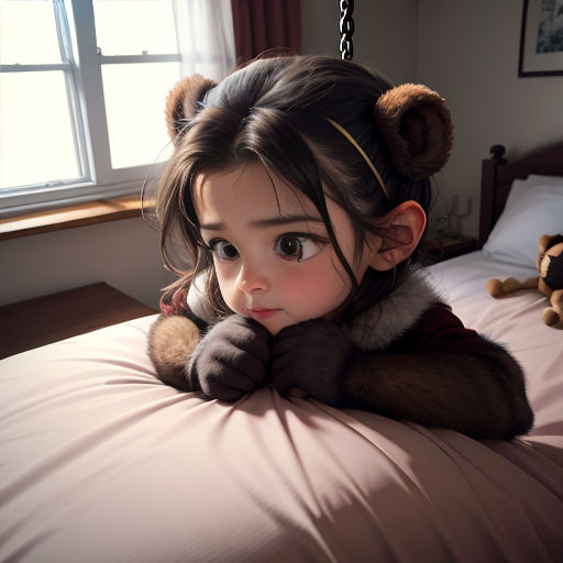 a little girl laying on a bed with a teddy bear on her head and a teddy bear on her arm