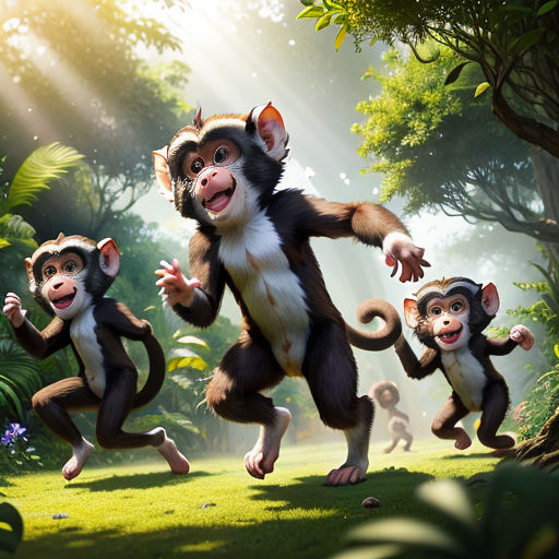 a group of monkeys running through a forest with sunlight streaming through the trees and grass, with a person in the background
