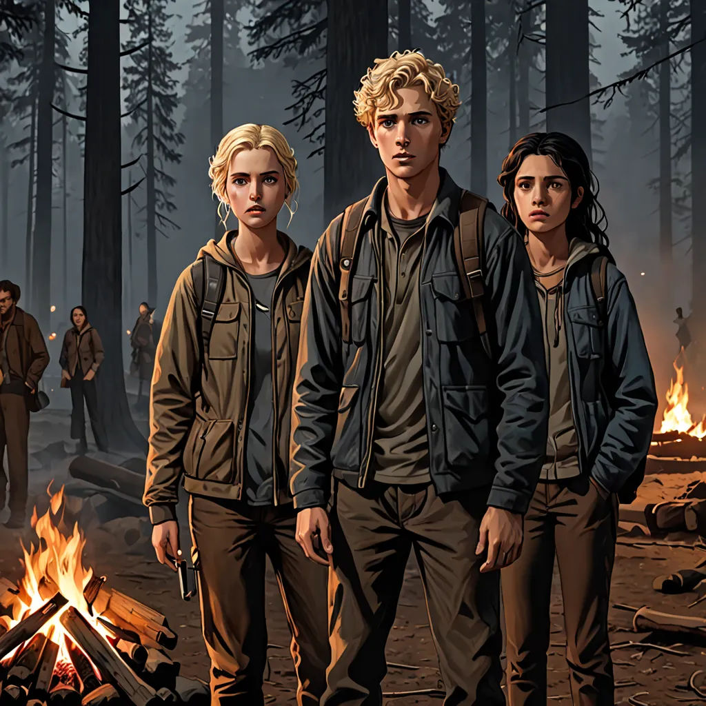 a group of people standing around a campfire in the woods with a man and woman standing next to it, sots art, concept art, David Palumbo, key art