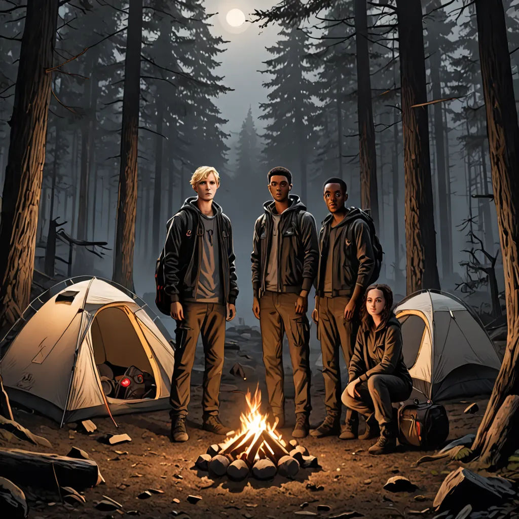 a group of people standing around a campfire in the woods at night with a full moon in the sky, sots art, poster art, Dan Mumford, promotional image
