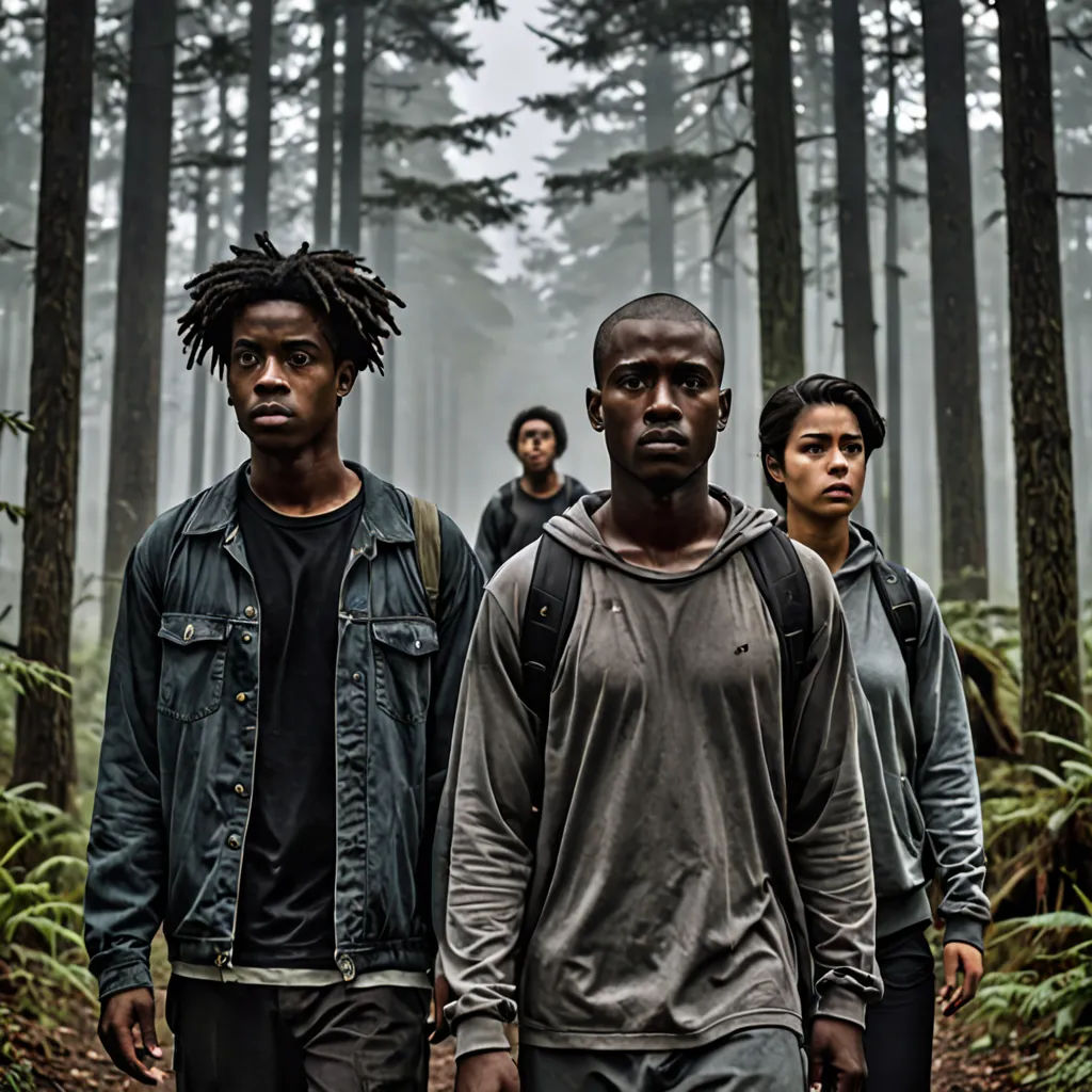 a group of people standing in the woods together in the woods with trees in the background and fog in the air, primitivism, a poster, Chinwe Chukwuogo-Roy, promotional image