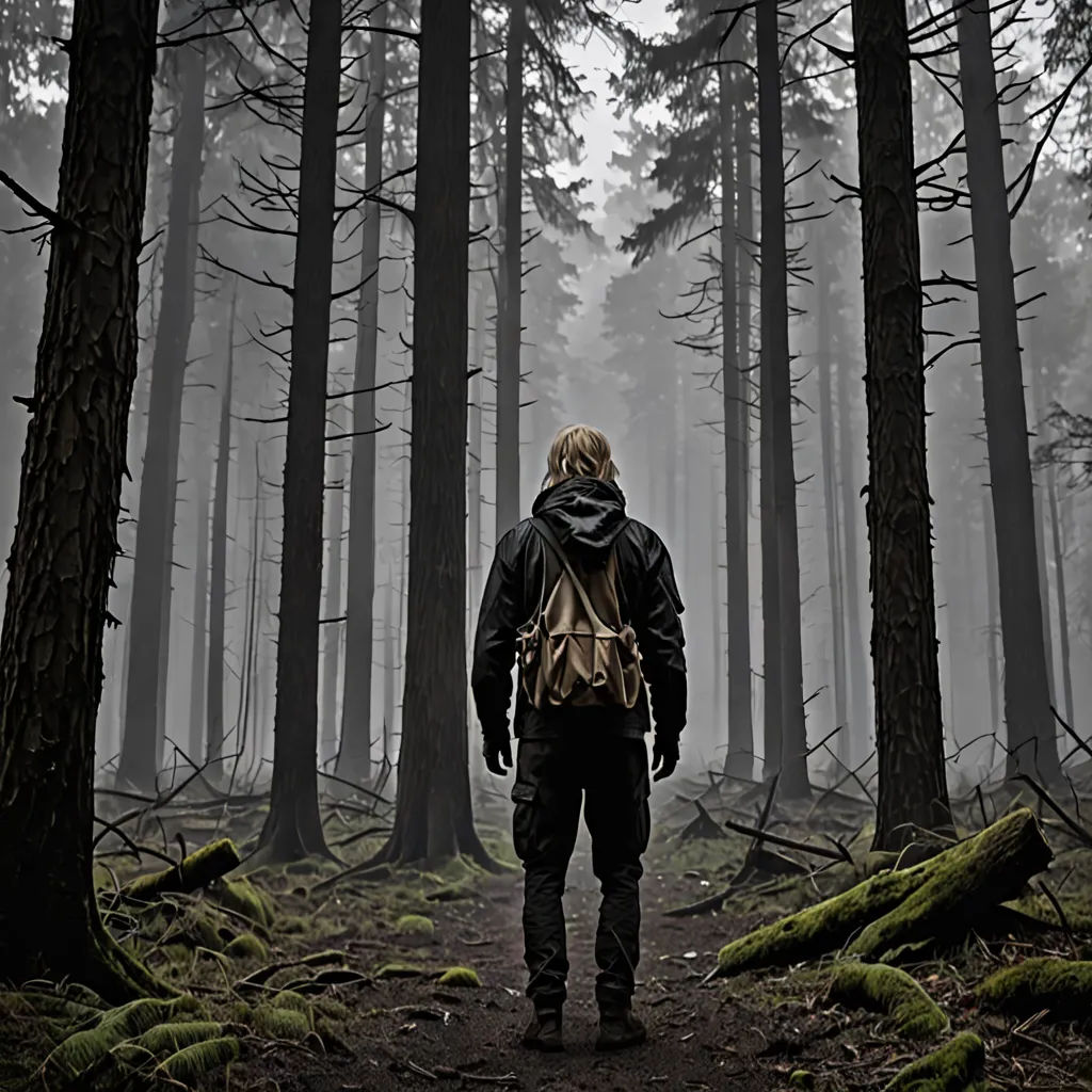 a man standing in the middle of a forest with a backpack on his back and a backpack on his shoulder, art photography, a detailed matte painting, Dirk Crabeth, promotional image