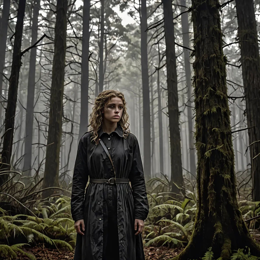a woman in a black dress standing in a forest with trees and ferns on the ground and a foggy sky, aestheticism, a poster, Clarice Beckett, promotional image