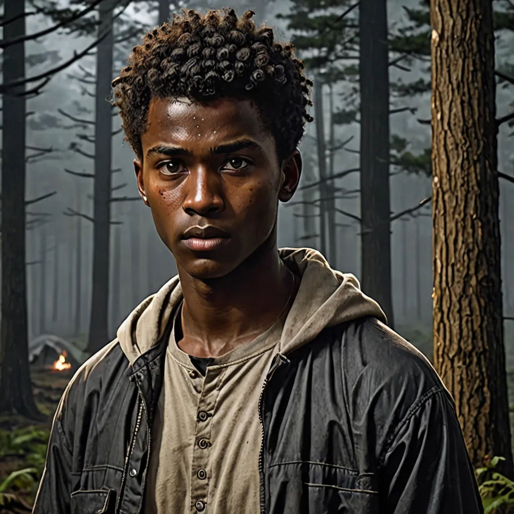 a man standing in a forest with a forest background and trees in the background, with a flashlight in his hand, primitivism, a character portrait, Derold Page, promotional image