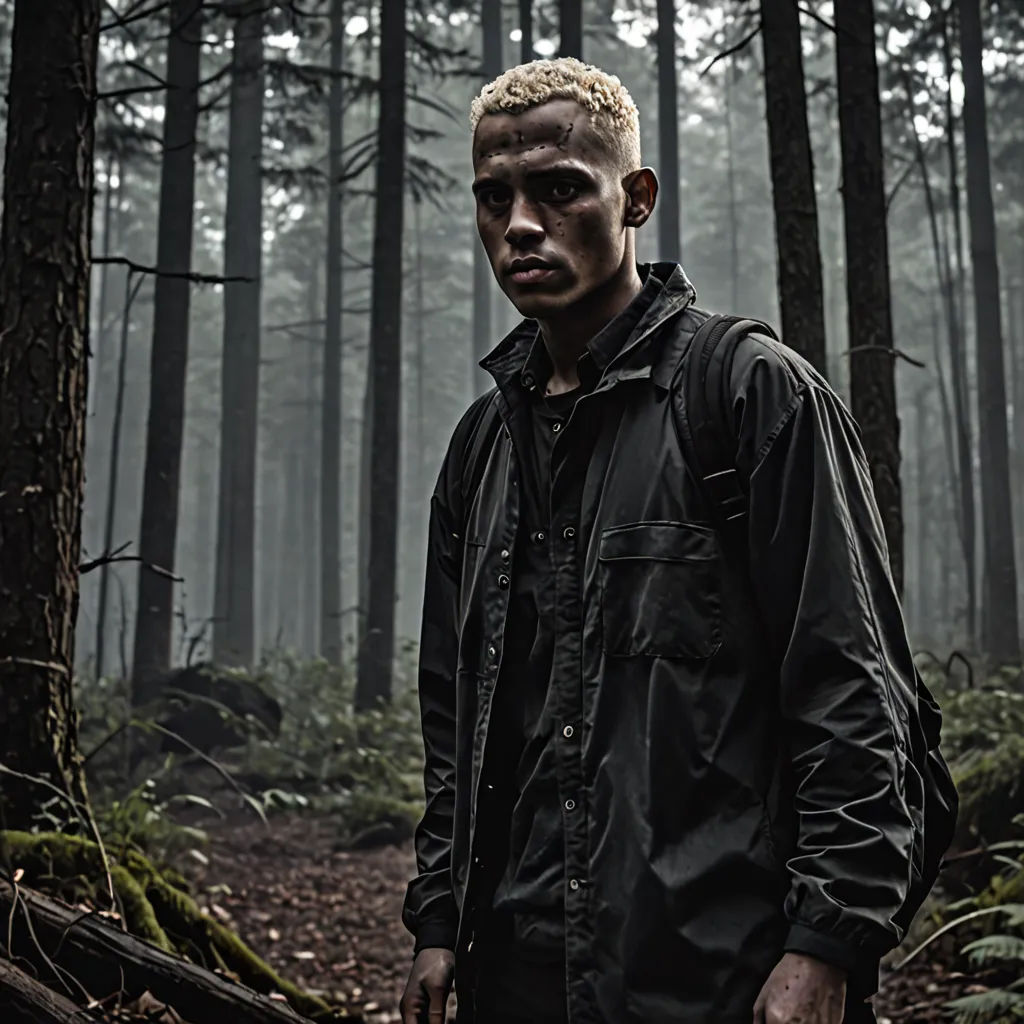 a man standing in the woods with a knife in his hand and a forest in the background with trees, primitivism, a character portrait, Everett Warner, promotional image