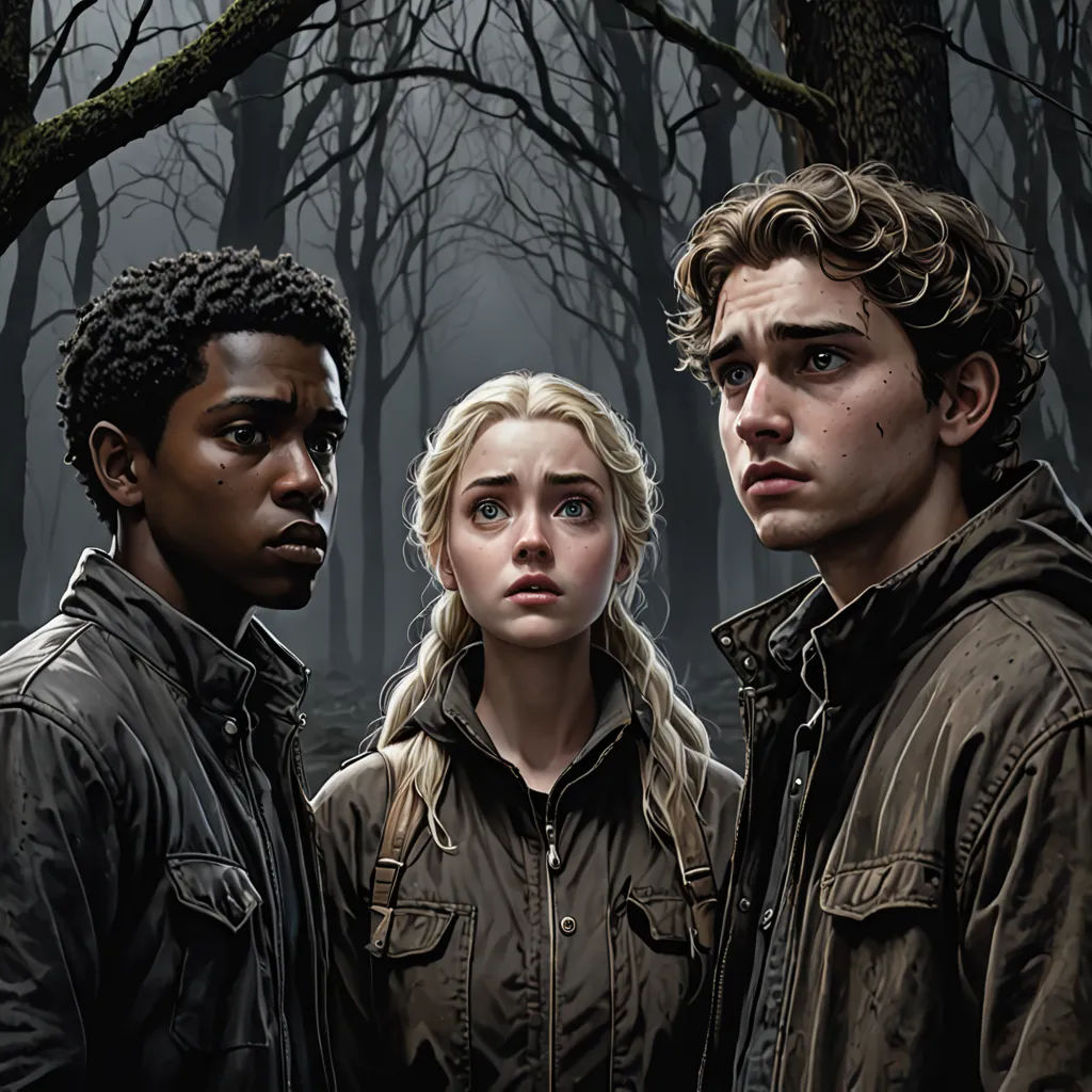 a group of people standing in a forest with trees in the background and a foggy sky in the background, sots art, poster art, David Palumbo, key art