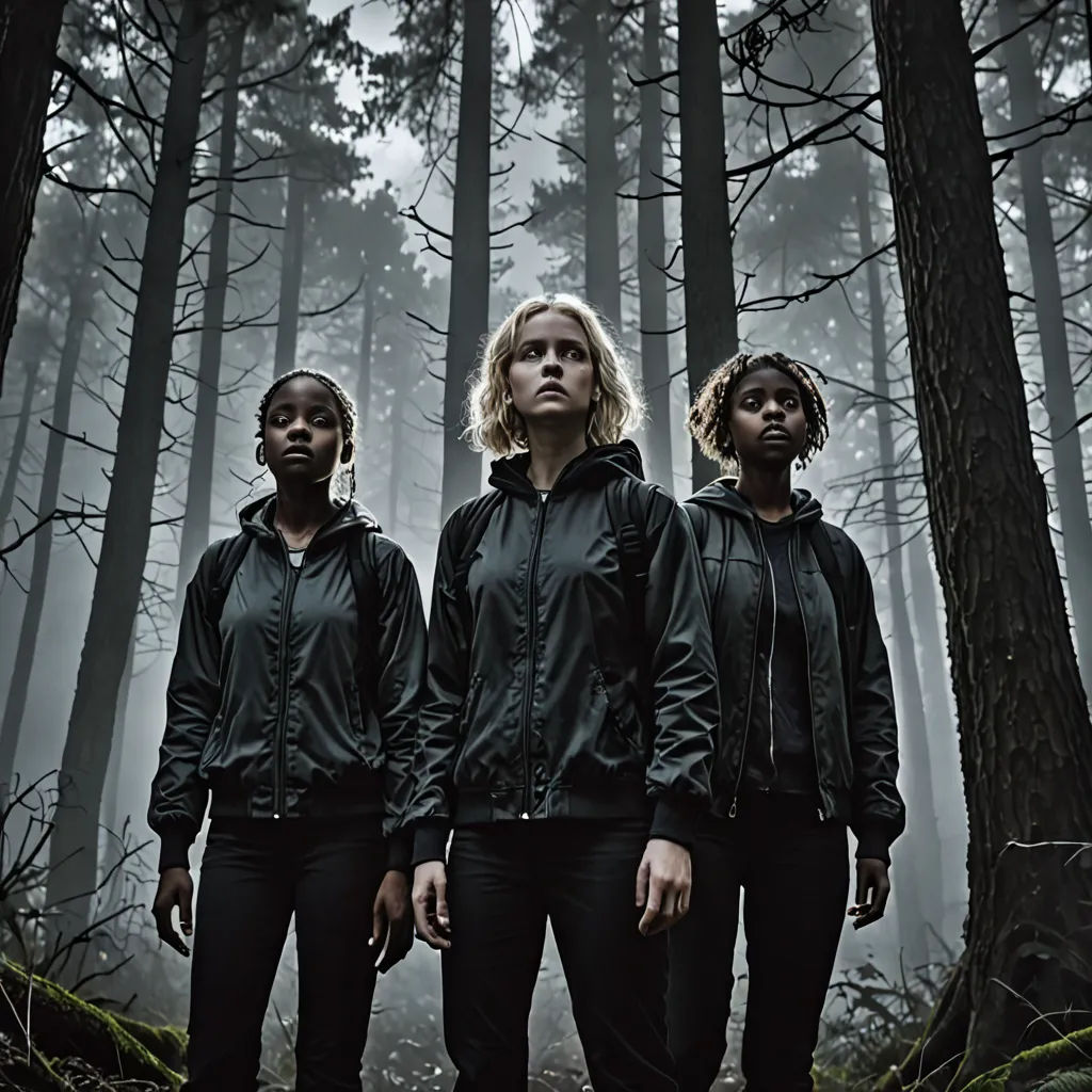 three women standing in the woods in front of trees and fogs in the background, with one woman looking up, antipodeans, a poster, Dirk Crabeth, promotional image