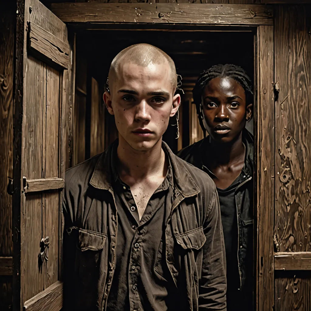 two men standing in a doorway of a wooden building with a door open to another man with a bald head, antipodeans, a poster, Dirk Crabeth, promotional image