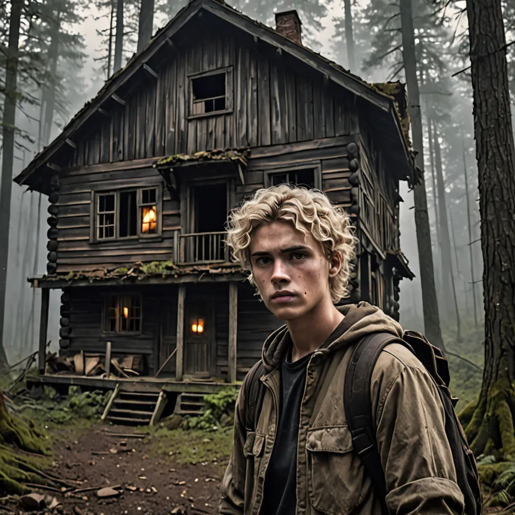 a man standing in front of a house in the woods with a backpack on his shoulder and a backpack on his shoulder, vancouver school, a character portrait, Evan Charlton, promotional image