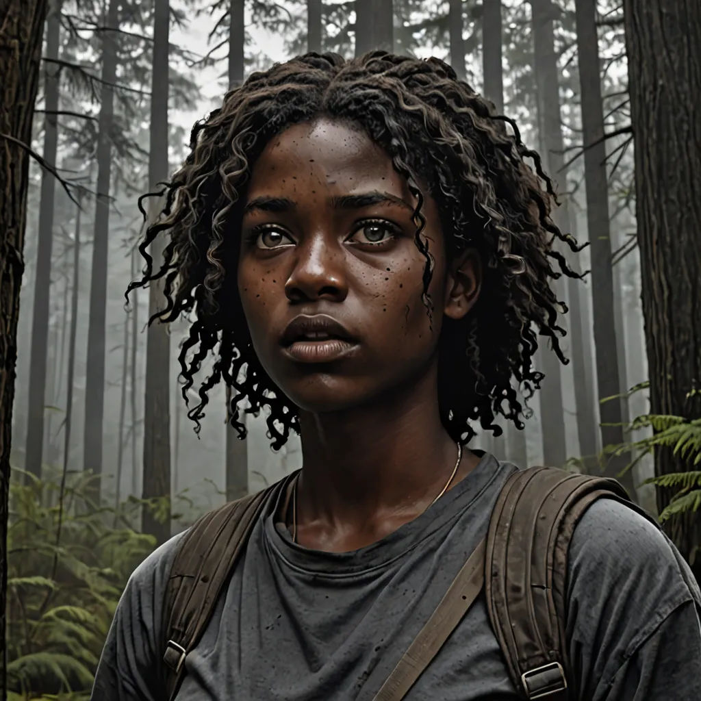 a woman with dreadlocks standing in a forest with trees in the background and fog in the air, photorealism, a hyperrealistic painting, Ada Hill Walker, promotional image