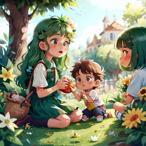 a group of children sitting on the ground in a forest with flowers and a tree in the background,