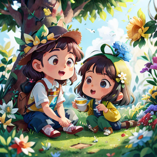 two children sitting on the ground in a forest with flowers and butterflies around them, one of them is holding a cup