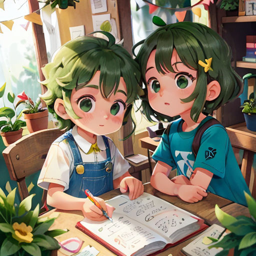 two children sitting at a table with a book and pen in front of them, with plants in the background