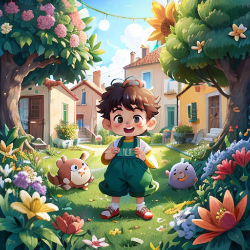 a boy standing in a garden with a teddy bear and a bird in front of him and a house in the background