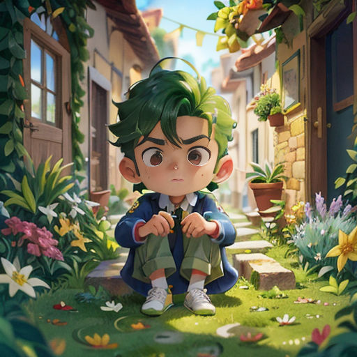 a boy sitting on the ground in front of a house with flowers and plants around him, looking at the ground