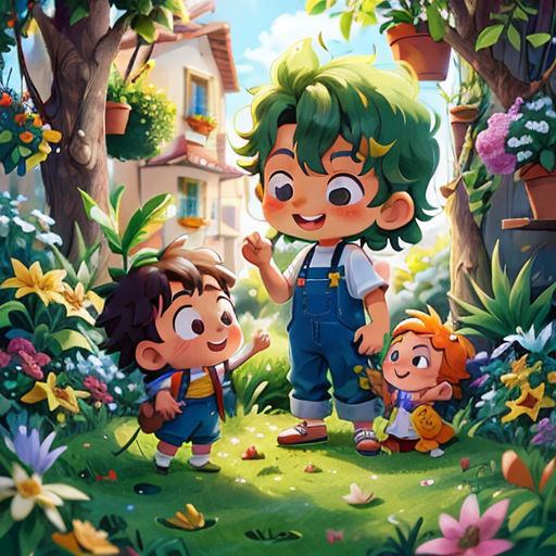 a cartoon of a boy and girl in a garden with a bird on his shoulder and a bird on his shoulder