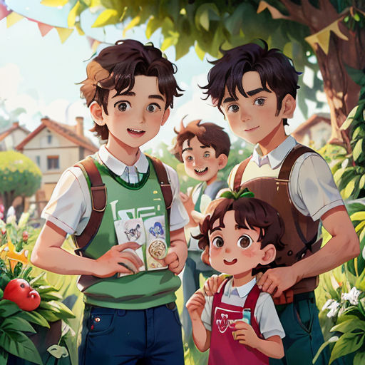 a family of three standing in front of a tree and flowers with a house in the background and a banner in the background