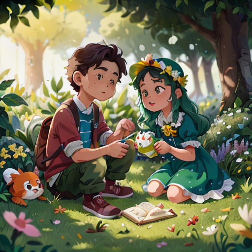 a boy and a girl sitting in the grass eating food from a bowl and a book in front of them