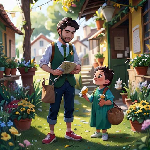 a man and a little girl standing in a garden with flowers and a man holding a book in his hand