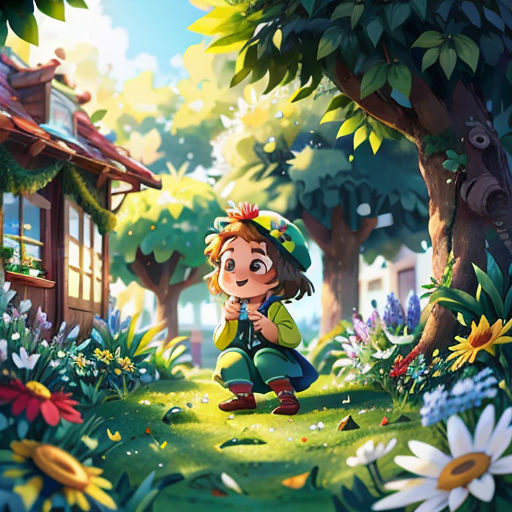 a little girl sitting on the ground in a forest with flowers and a house in the background, with a green jacket and a green hat