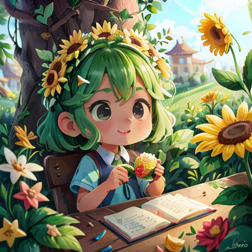 a girl sitting at a table with a book and flowers in her hair and a sunflower in her hair