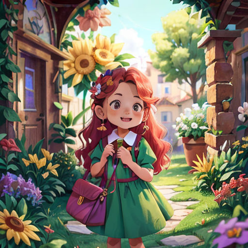 a girl in a green dress is standing in a garden with flowers and a sunflowers on the side of the building