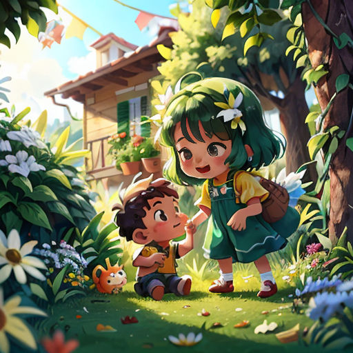 a little girl and a boy are in the grass near a tree and a house with a bird on it