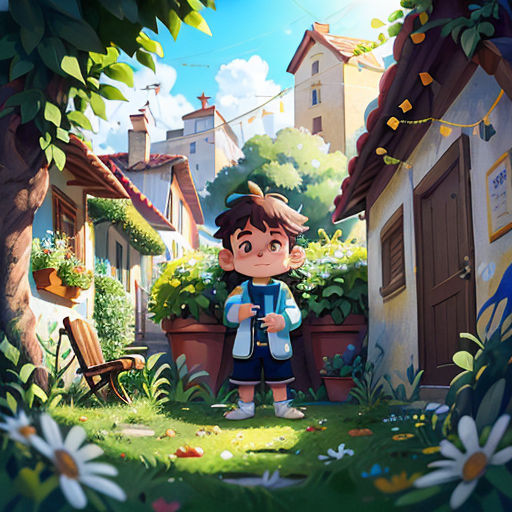 a boy standing in a garden with a house in the background and a bird flying overhead in the sky