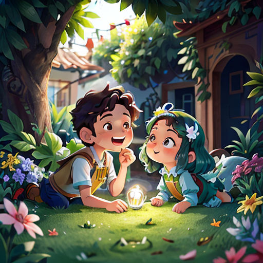 a couple of kids sitting on top of a lush green field next to a tree and a light bulb