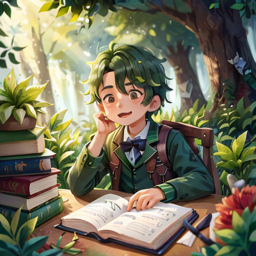 a boy sitting at a table with a book and a pen in his hand and a book in his hand