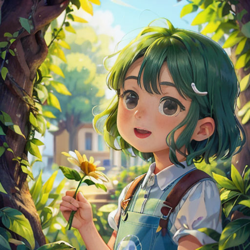 a girl with green hair holding a flower in her hand and looking at the camera with a smile on her face
