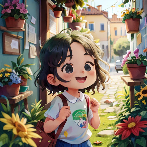 a girl standing in front of a flower shop with a bag on her shoulder and a flower pot on the wall