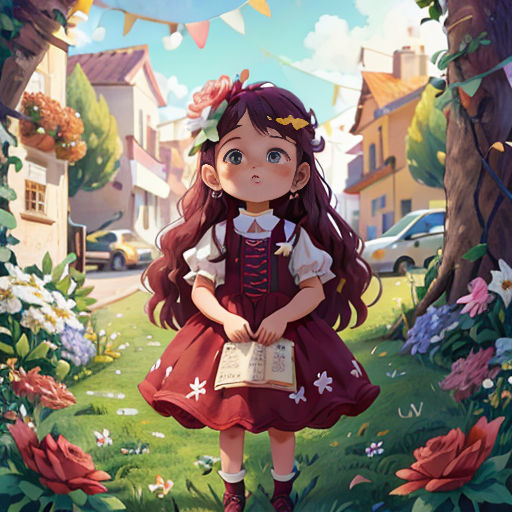 a girl in a red dress is standing in a garden with flowers and a book in her hand and a bunting of flowers in the background