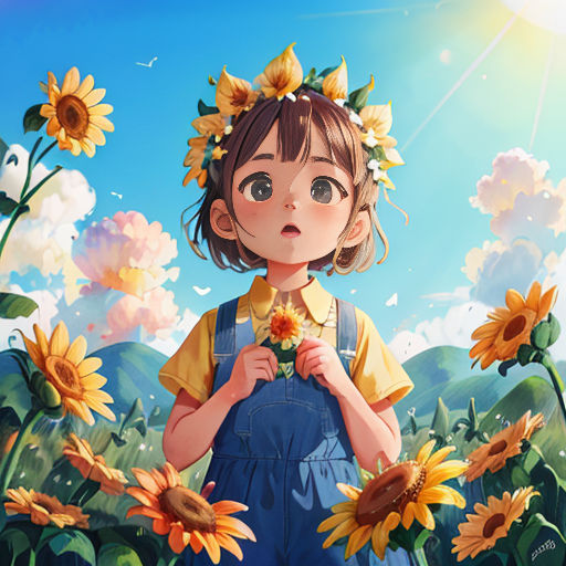 a girl with a flower in her hair standing in a field of sunflowers with a blue sky in the background