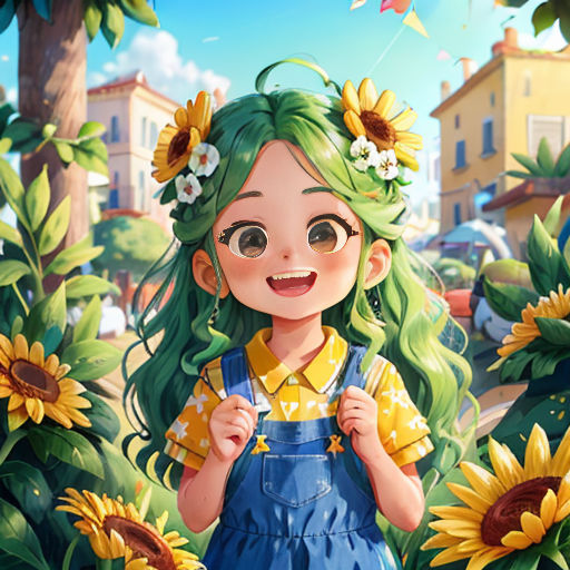 a girl with green hair and sunflowers in a field of sunflowers with a kite in the sky