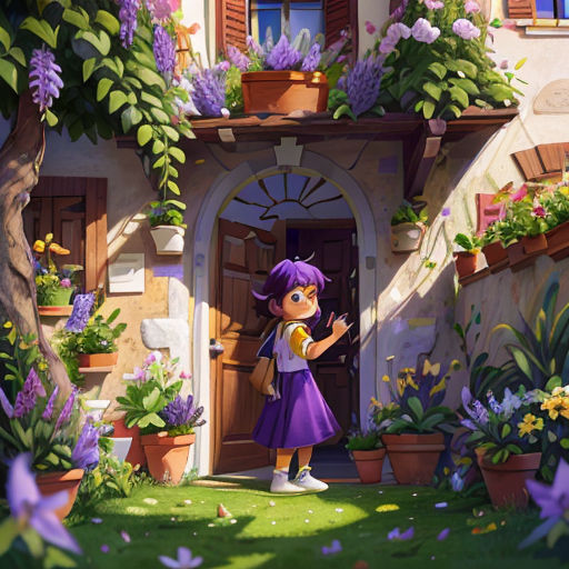 a cartoon girl standing in front of a house with flowers on the windowsills and a potted plant