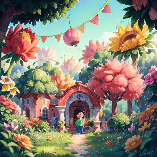 a painting of a little boy standing in a garden with flowers and a house in the background with a bunting streamer