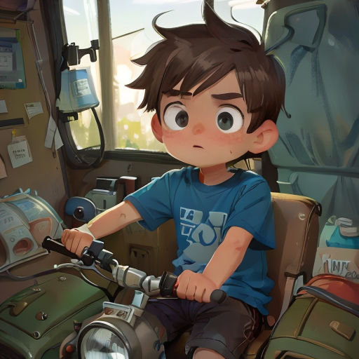a boy riding a motorcycle with a helmet on and a bag on the back of it's seat